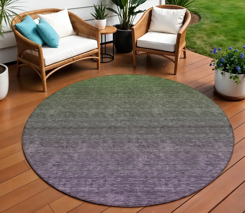 8' Purple Charcoal And Green Round Ombre Washable Indoor Outdoor Area Rug Photo 1