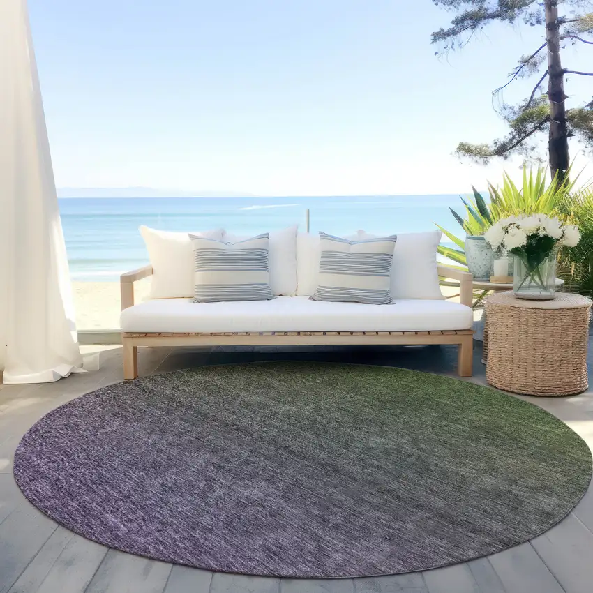 8' Purple Charcoal And Green Round Ombre Washable Indoor Outdoor Area Rug Photo 6