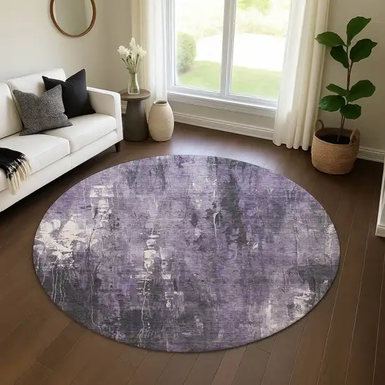 8' Purple Charcoal And Ivory Abstract Washable Round Rug With UV Protection Photo 4