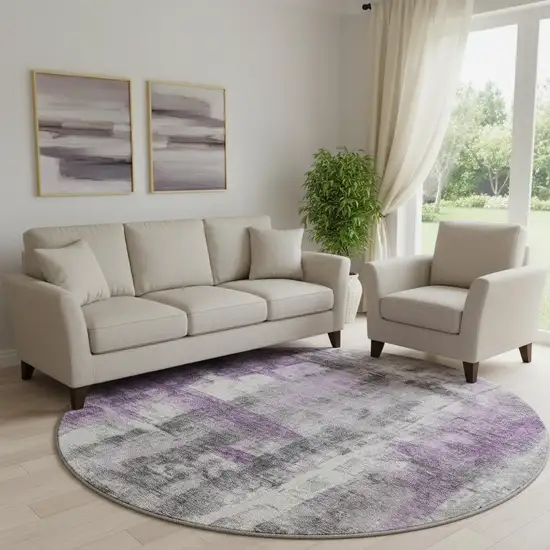 8' Purple Charcoal And Ivory Abstract Washable Round Rug With UV Protection Photo 1