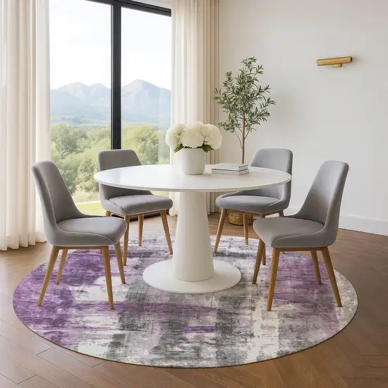8' Purple Charcoal And Ivory Abstract Washable Round Rug With UV Protection Photo 4