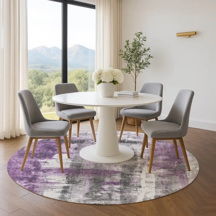 8' Purple Charcoal And Ivory Abstract Washable Round Rug With UV Protection Photo 4