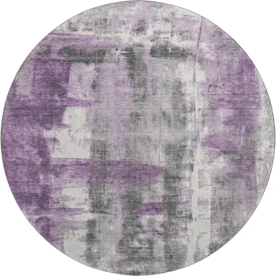 8' Purple Charcoal And Ivory Abstract Washable Round Rug With UV Protection Photo 5