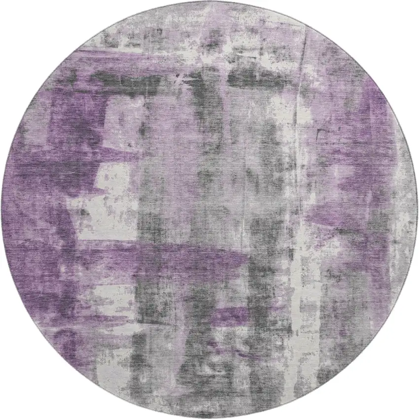8' Purple Charcoal And Ivory Abstract Washable Round Rug With UV Protection Photo 5