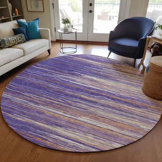 8' Purple Copper And Ivory Round Striped Washable Indoor Outdoor Area Rug Photo 8