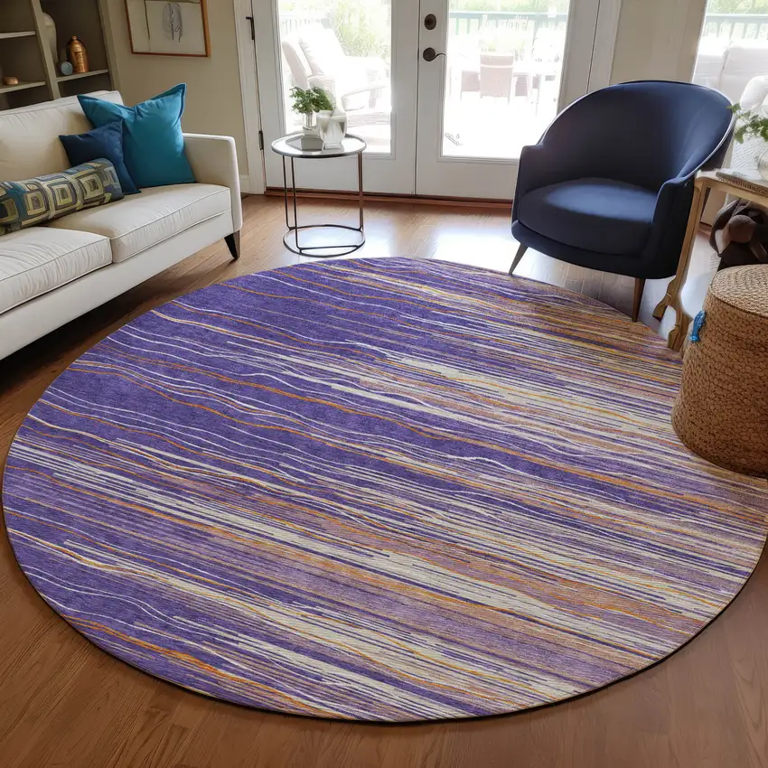 8' Purple Copper And Ivory Round Striped Washable Indoor Outdoor Area Rug Photo 8