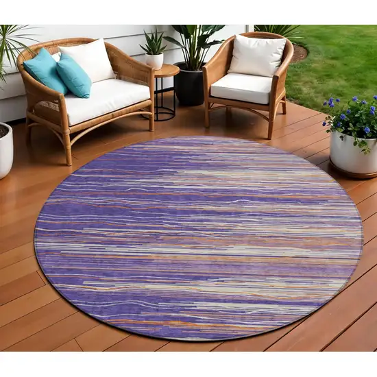 8' Purple Copper And Ivory Round Striped Washable Indoor Outdoor Area Rug Photo 1