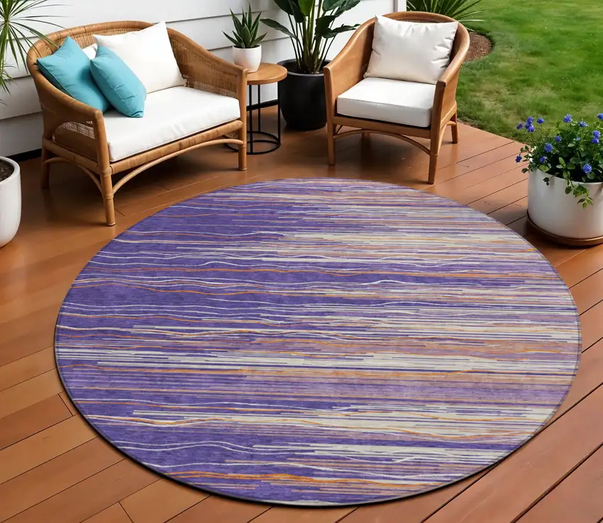 8' Purple Copper And Ivory Round Striped Washable Indoor Outdoor Area Rug Photo 1