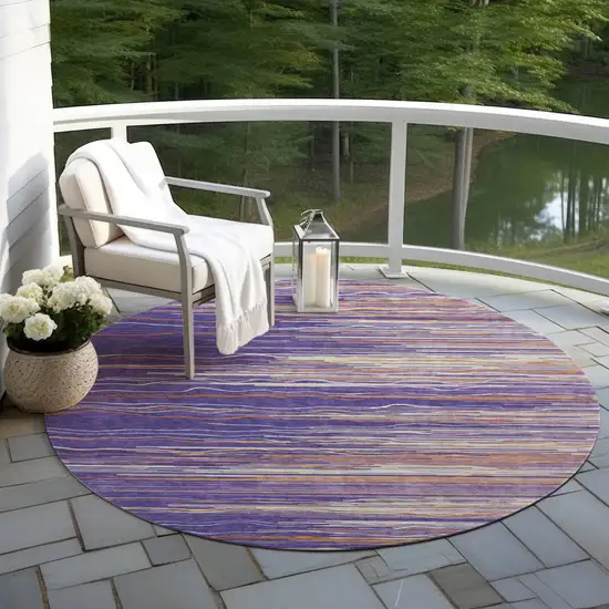 8' Purple Copper And Ivory Round Striped Washable Indoor Outdoor Area Rug Photo 7
