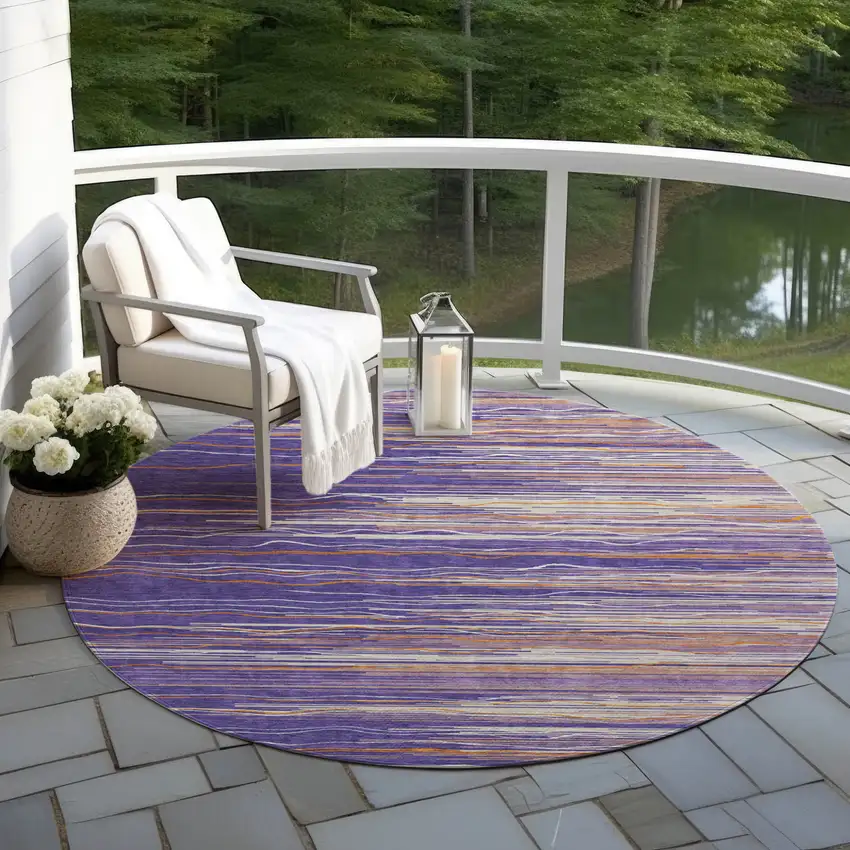 8' Purple Copper And Ivory Round Striped Washable Indoor Outdoor Area Rug Photo 7
