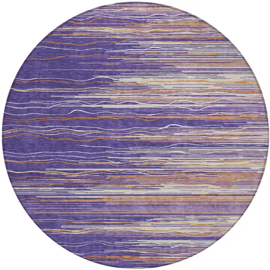 8' Purple Copper And Ivory Round Striped Washable Indoor Outdoor Area Rug Photo 2