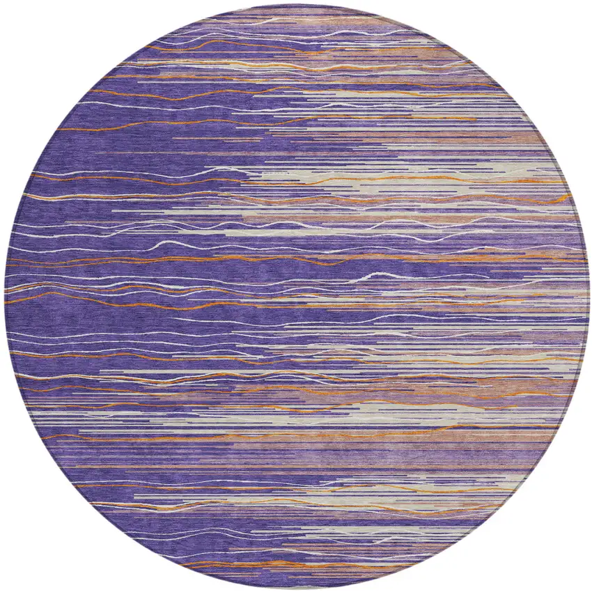 8' Purple Copper And Ivory Round Striped Washable Indoor Outdoor Area Rug Photo 2