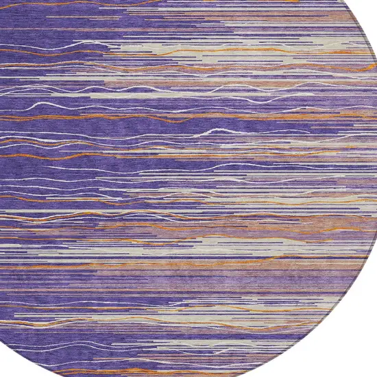 8' Purple Copper And Ivory Round Striped Washable Indoor Outdoor Area Rug Photo 5