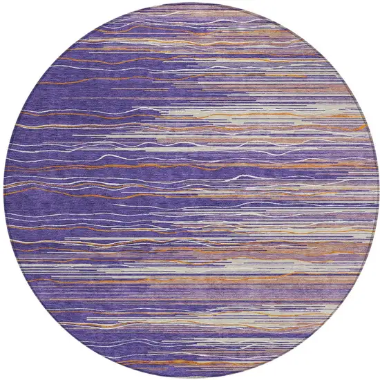8' Purple Copper And Ivory Round Striped Washable Indoor Outdoor Area Rug Photo 6