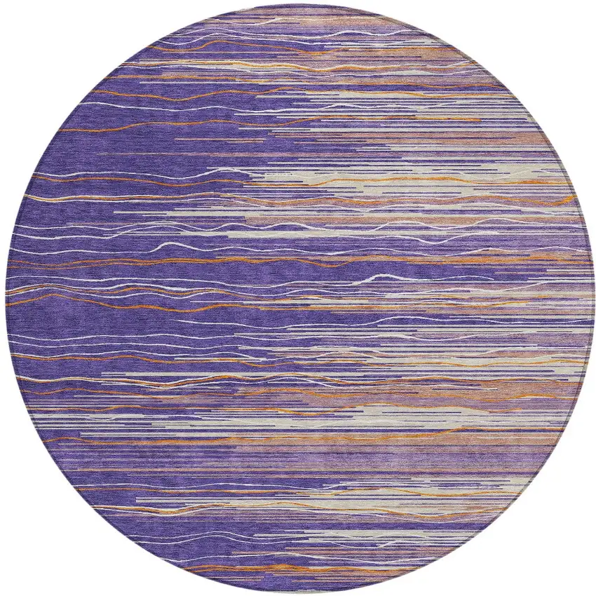 8' Purple Copper And Ivory Round Striped Washable Indoor Outdoor Area Rug Photo 6