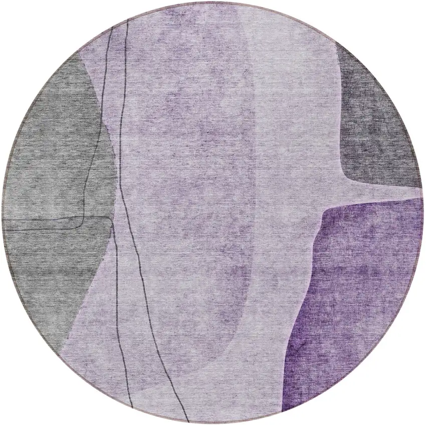 8' Purple Eggplant And Gray Round Abstract Washable Indoor Outdoor Area Rug Photo 5