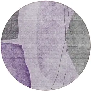 Photo of 8' Purple Eggplant And Gray Round Abstract Washable Indoor Outdoor Area Rug