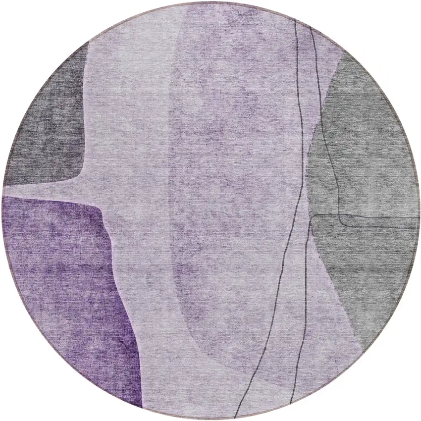 8' Purple Eggplant And Gray Round Abstract Washable Indoor Outdoor Area Rug Photo 1