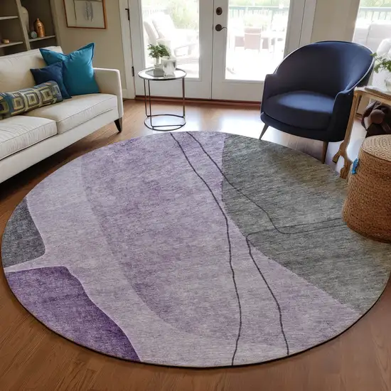 8' Purple Eggplant And Gray Round Abstract Washable Indoor Outdoor Area Rug Photo 7