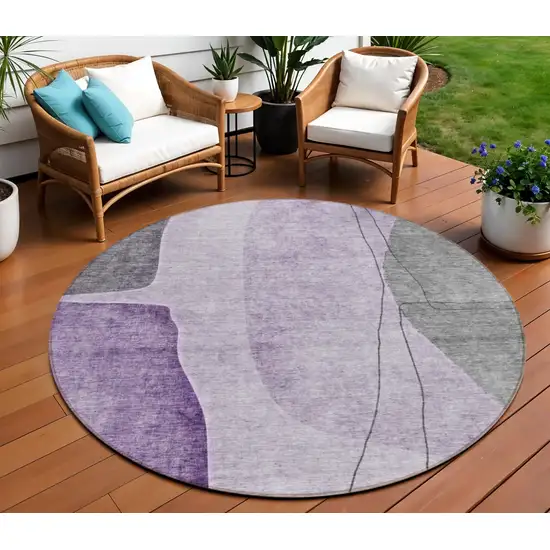 8' Purple Eggplant And Gray Round Abstract Washable Indoor Outdoor Area Rug Photo 1