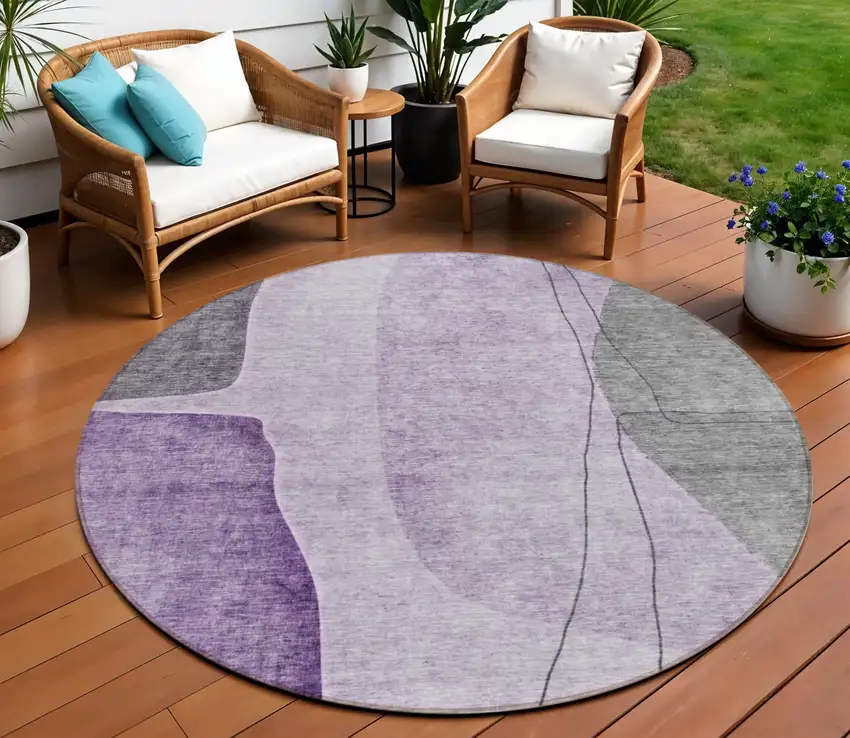8' Purple Eggplant And Gray Round Abstract Washable Indoor Outdoor Area Rug Photo 1
