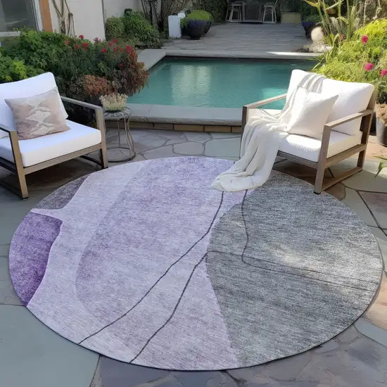 8' Purple Eggplant And Gray Round Abstract Washable Indoor Outdoor Area Rug Photo 6