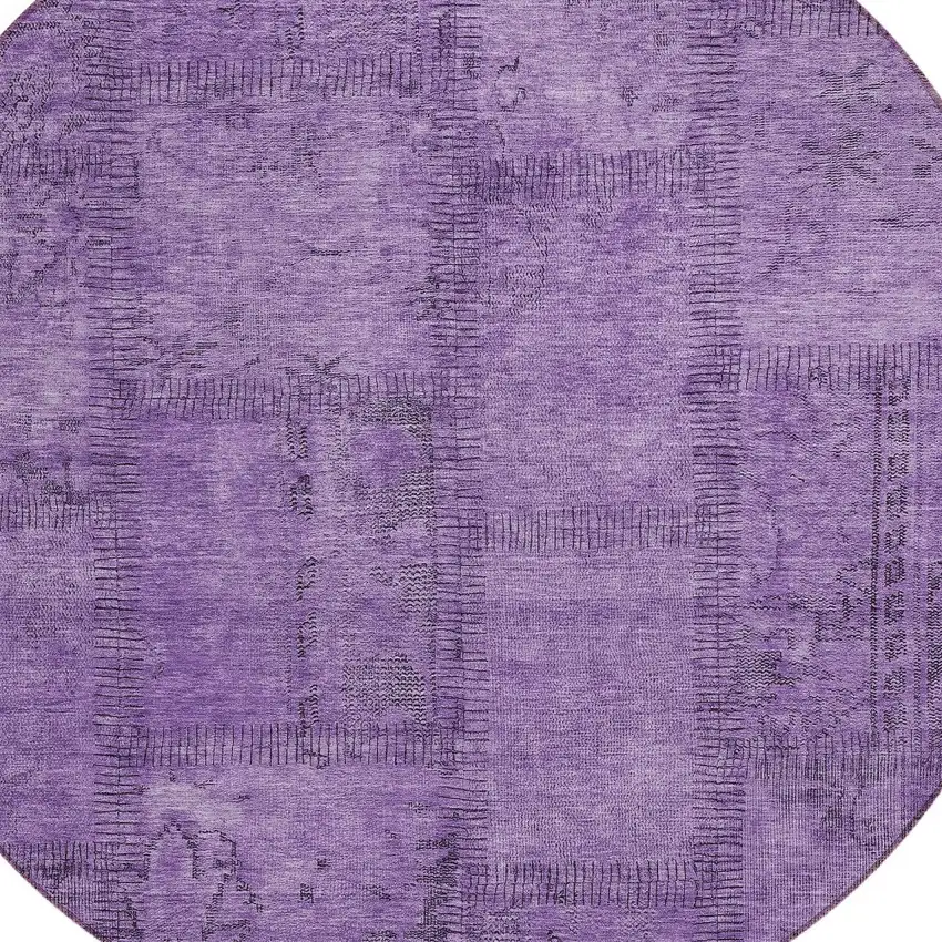 8' Purple Eggplant And Gray Round Patchwork Washable Indoor Outdoor Area Rug Photo 4