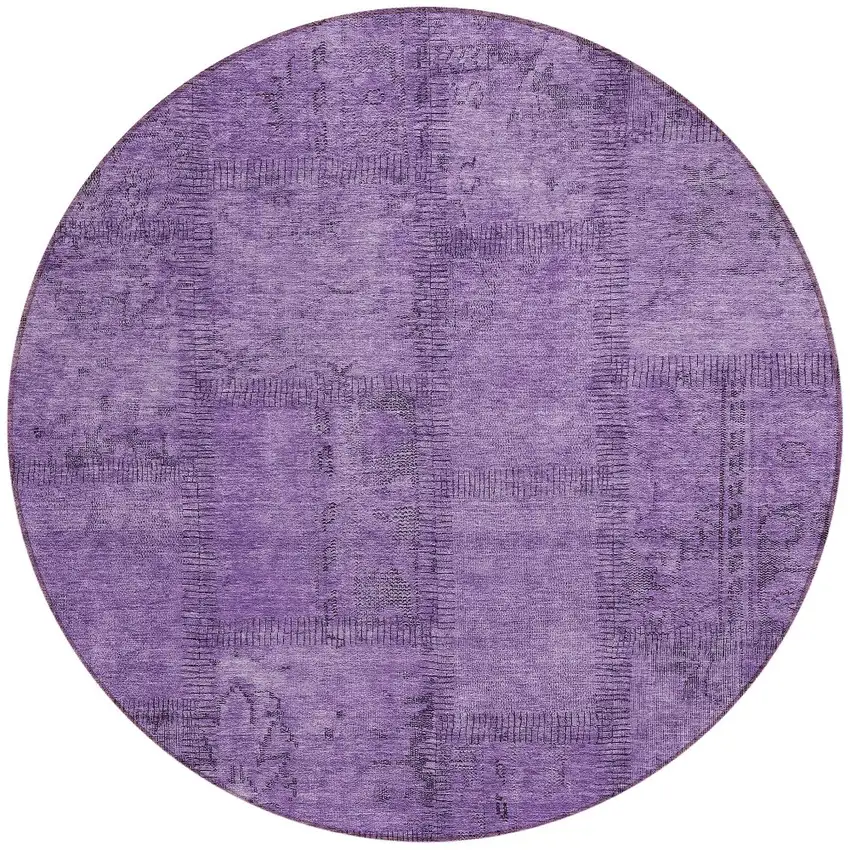 8' Purple Eggplant And Gray Round Patchwork Washable Indoor Outdoor Area Rug Photo 5