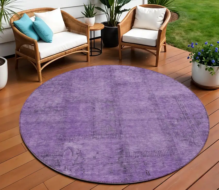 8' Purple Eggplant And Gray Round Patchwork Washable Indoor Outdoor Area Rug Photo 1