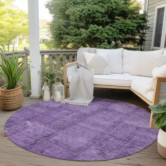 8' Purple Eggplant And Gray Round Patchwork Washable Indoor Outdoor Area Rug Photo 6