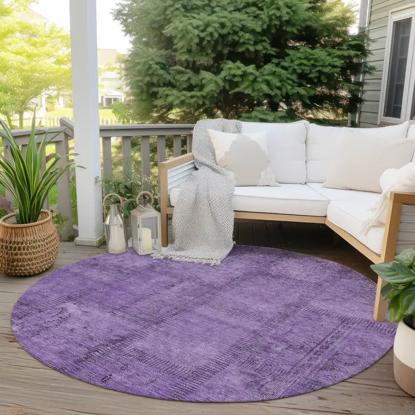 8' Purple Eggplant And Gray Round Patchwork Washable Indoor Outdoor Area Rug Photo 6