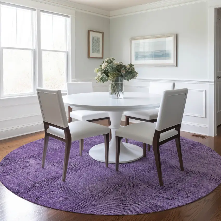8' Purple Eggplant And Gray Round Patchwork Washable Indoor Outdoor Area Rug Photo 7
