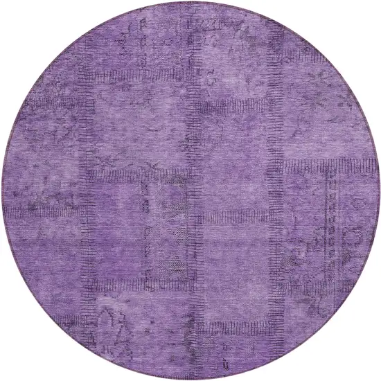 8' Purple Eggplant And Gray Round Patchwork Washable Indoor Outdoor Area Rug Photo 2