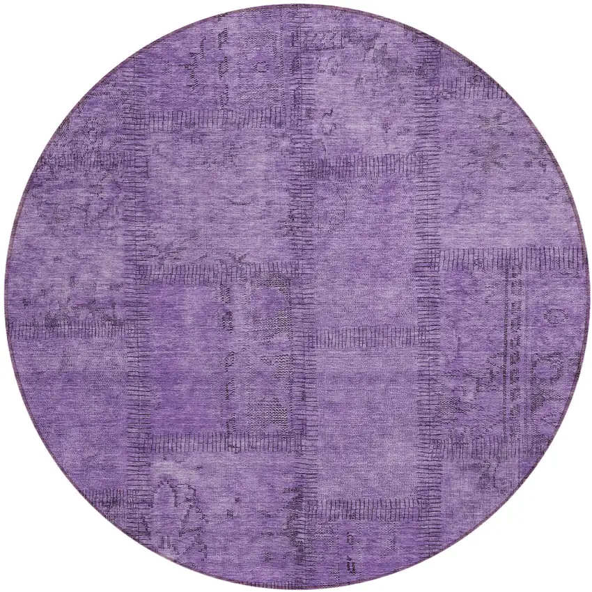 8' Purple Eggplant And Gray Round Patchwork Washable Indoor Outdoor Area Rug Photo 2