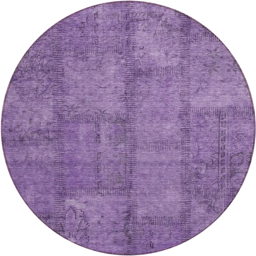 8' Purple Eggplant And Gray Round Patchwork Washable Indoor Outdoor Area Rug Photo 2