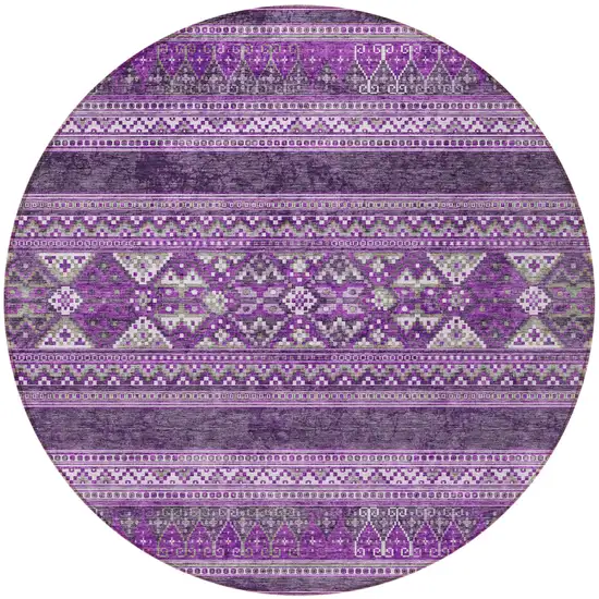 8' Purple Eggplant And Gray Round Southwestern Washable Indoor Outdoor Area Rug Photo 5