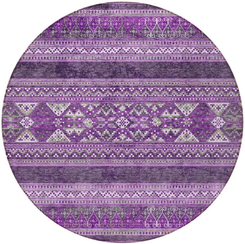 8' Purple Eggplant And Gray Round Southwestern Washable Indoor Outdoor Area Rug Photo 5