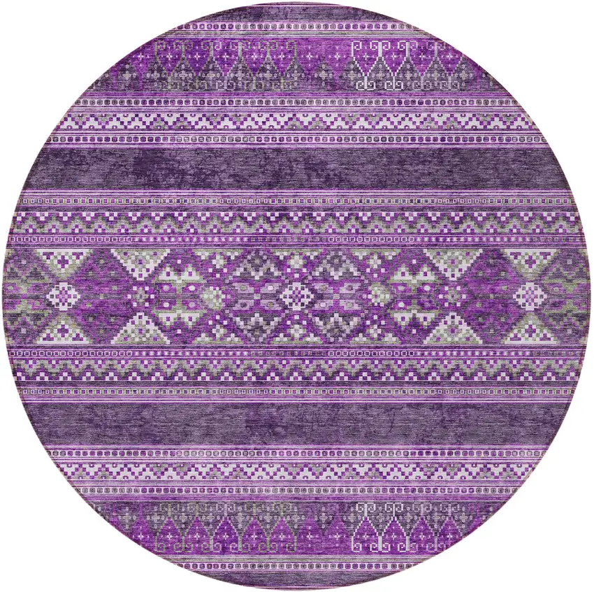 8' Purple Eggplant And Gray Round Southwestern Washable Indoor Outdoor Area Rug Photo 5