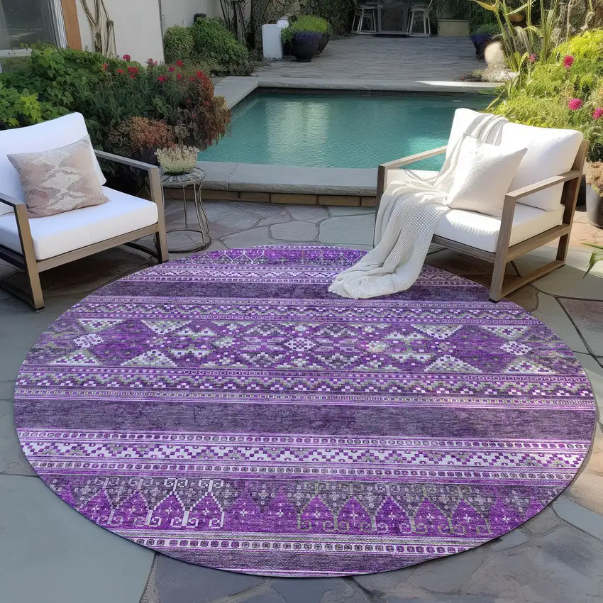 8' Purple Eggplant And Gray Round Southwestern Washable Indoor Outdoor Area Rug Photo 6
