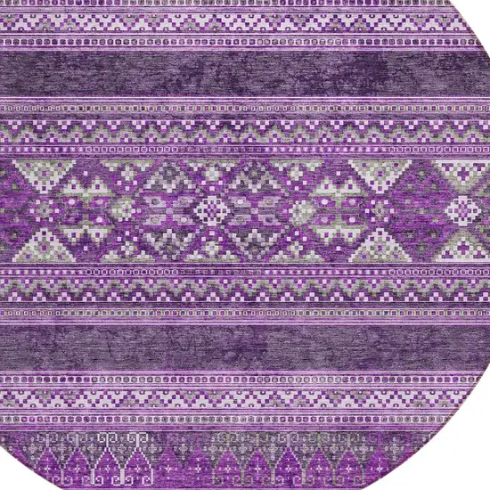 8' Purple Eggplant And Gray Round Southwestern Washable Indoor Outdoor Area Rug Photo 4