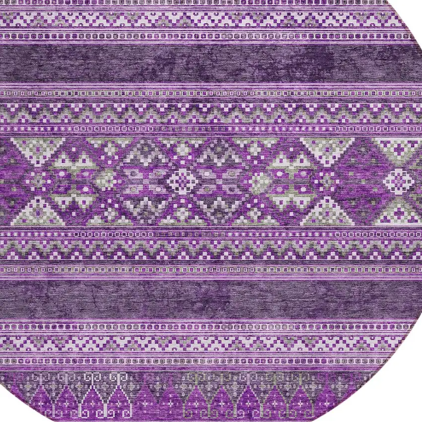 8' Purple Eggplant And Gray Round Southwestern Washable Indoor Outdoor Area Rug Photo 4