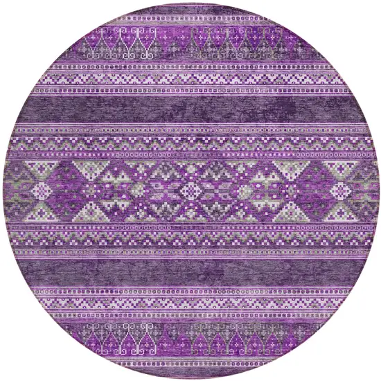 8' Purple Eggplant And Gray Round Southwestern Washable Indoor Outdoor Area Rug Photo 1