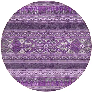 Photo of 8' Purple Eggplant And Gray Round Southwestern Washable Indoor Outdoor Area Rug