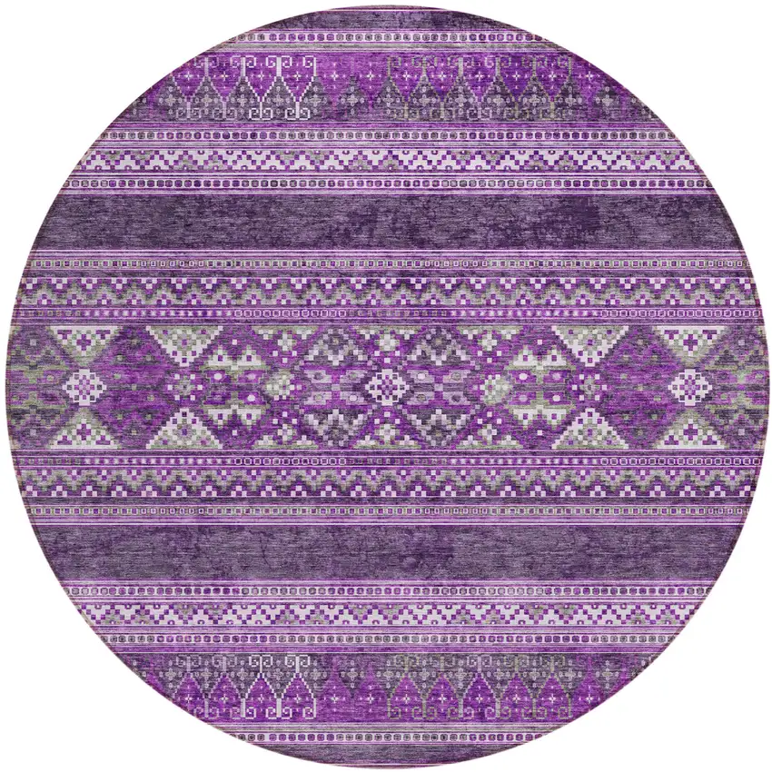 8' Purple Eggplant And Gray Round Southwestern Washable Indoor Outdoor Area Rug Photo 1
