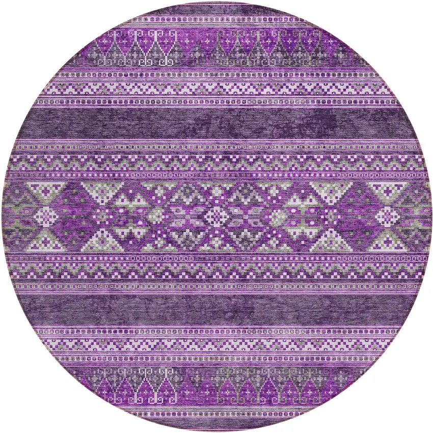 8' Purple Eggplant And Gray Round Southwestern Washable Indoor Outdoor Area Rug Photo 1