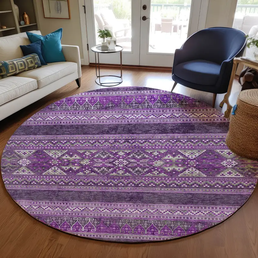 8' Purple Eggplant And Gray Round Southwestern Washable Indoor Outdoor Area Rug Photo 7