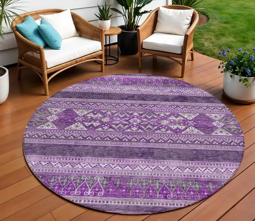 8' Purple Eggplant And Gray Round Southwestern Washable Indoor Outdoor Area Rug Photo 1