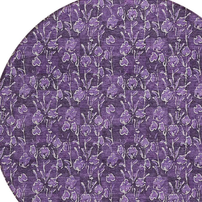 8' Purple Eggplant And Ivory Round Floral Washable Indoor Outdoor Area Rug Photo 4