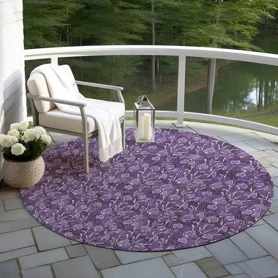 8' Purple Eggplant And Ivory Round Floral Washable Indoor Outdoor Area Rug Photo 5