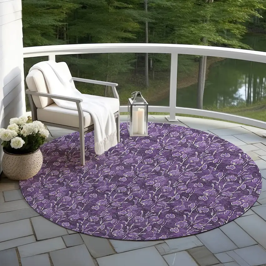8' Purple Eggplant And Ivory Round Floral Washable Indoor Outdoor Area Rug Photo 5